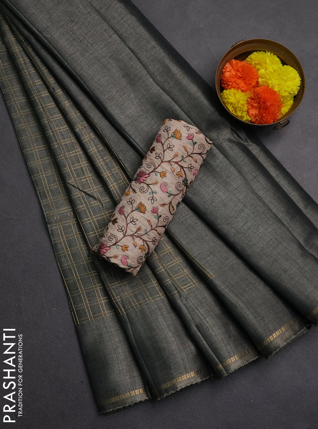 Semi tussar saree grey and beige with allover zari checked pattern and simple border