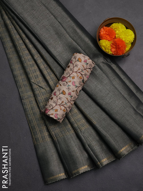 Semi tussar saree grey and beige with allover zari checked pattern and simple border