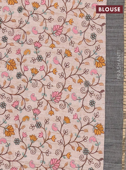 Semi tussar saree grey and beige with allover zari checked pattern and simple border