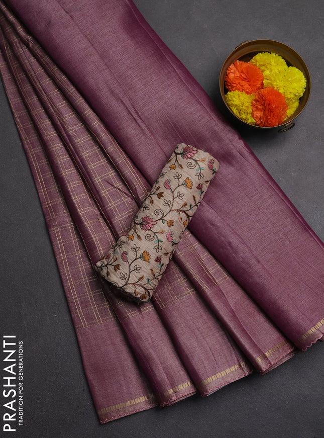 Semi tussar saree mauve pink and beige with allover zari checked pattern and simple border