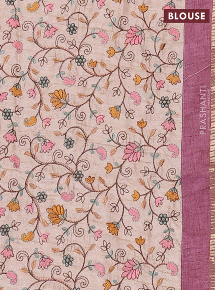 Semi tussar saree mauve pink and beige with allover zari checked pattern and simple border