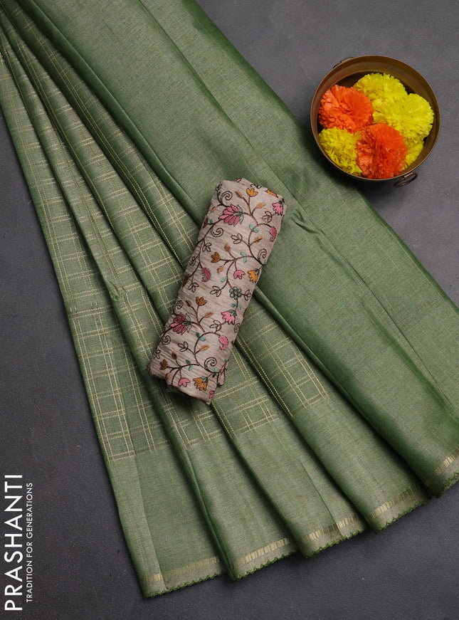 Semi tussar saree green and beige with allover zari checked pattern and simple border
