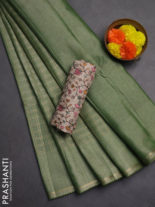 Semi tussar saree green and beige with allover zari checked pattern and simple border