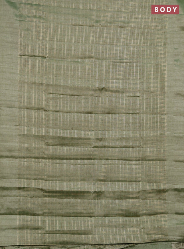 Semi tussar saree green and beige with allover zari checked pattern and simple border
