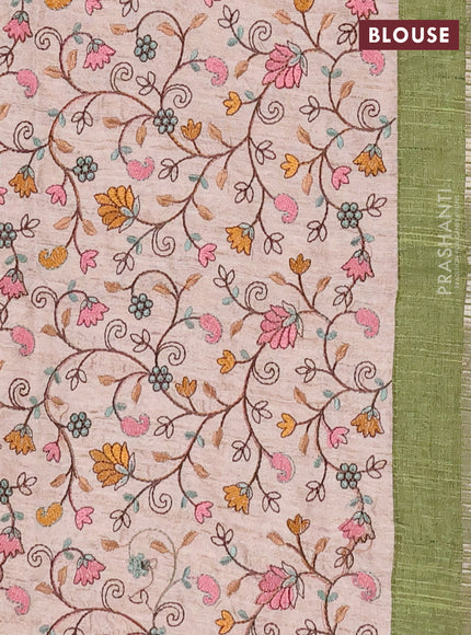 Semi tussar saree green and beige with allover zari checked pattern and simple border