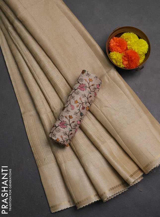 Semi tussar saree beige and beige with allover zari checked pattern and simple border