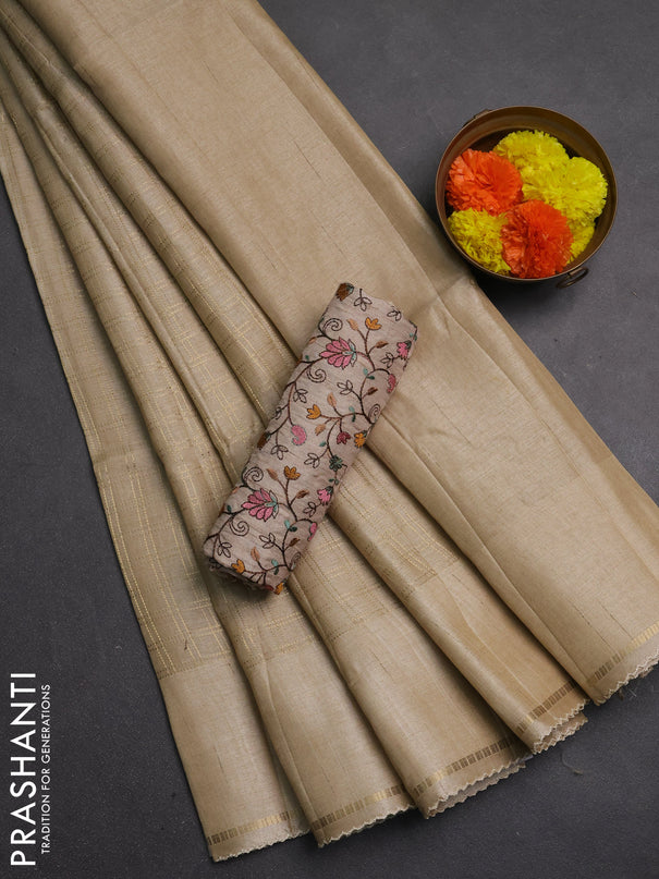Semi tussar saree beige and beige with allover zari checked pattern and simple border