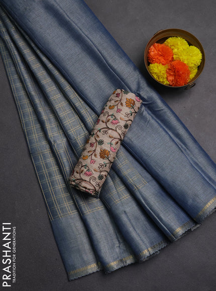 Semi tussar saree bluish grey and beige with allover zari checked pattern and simple border