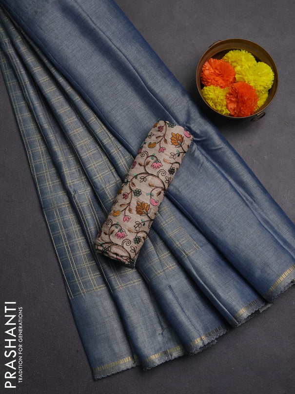 Semi tussar saree bluish grey and beige with allover zari checked pattern and simple border