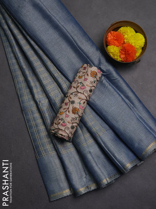 Semi tussar saree bluish grey and beige with allover zari checked pattern and simple border