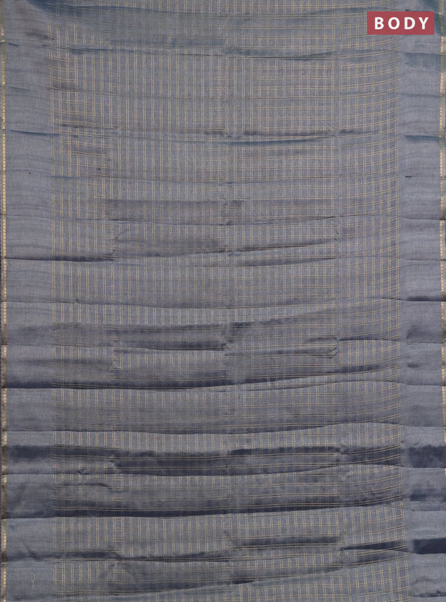 Semi tussar saree bluish grey and beige with allover zari checked pattern and simple border