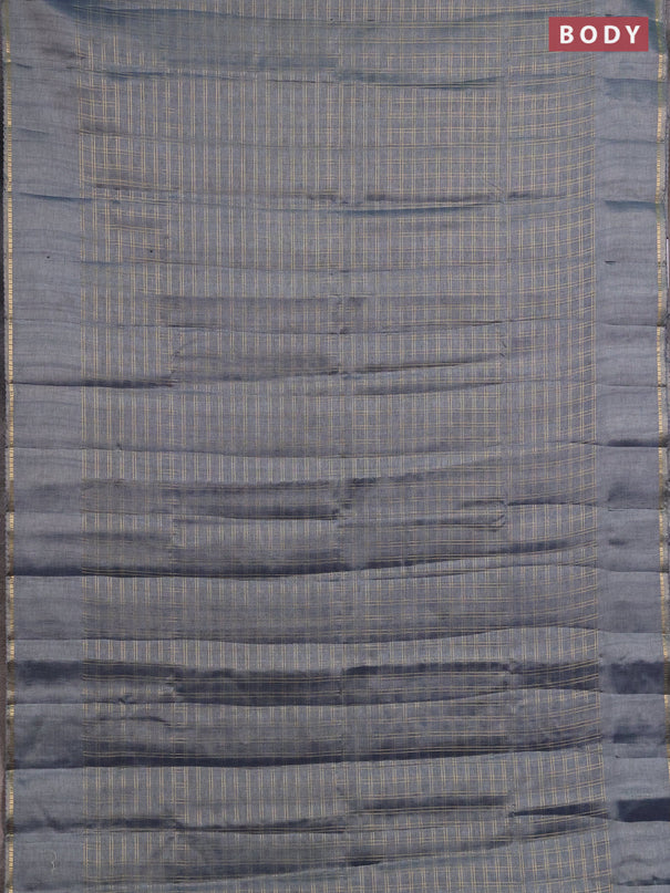 Semi tussar saree bluish grey and beige with allover zari checked pattern and simple border
