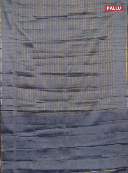 Semi tussar saree bluish grey and beige with allover zari checked pattern and simple border
