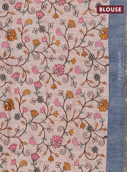 Semi tussar saree bluish grey and beige with allover zari checked pattern and simple border