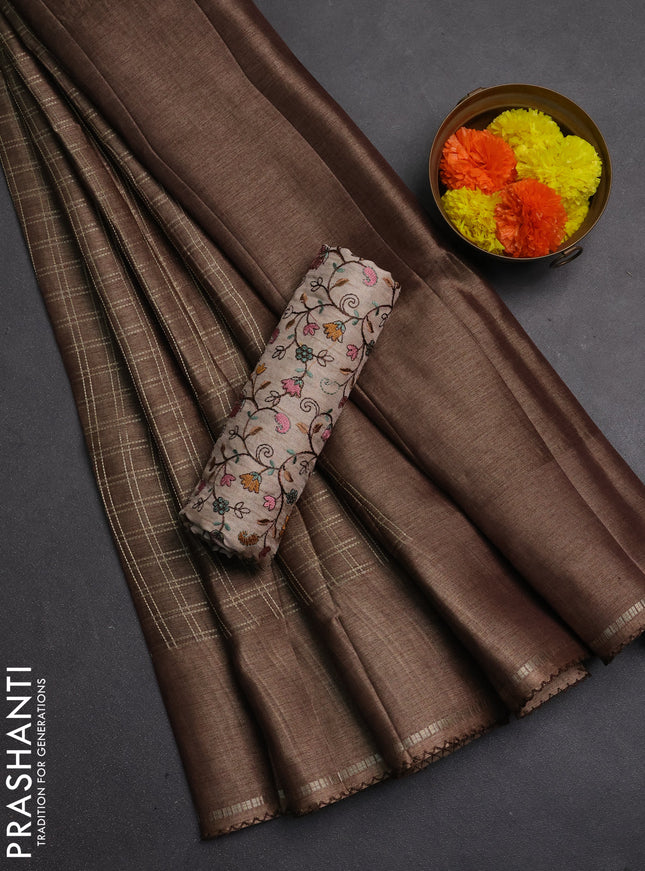 Semi tussar saree brown and beige with allover zari checked pattern and simple border