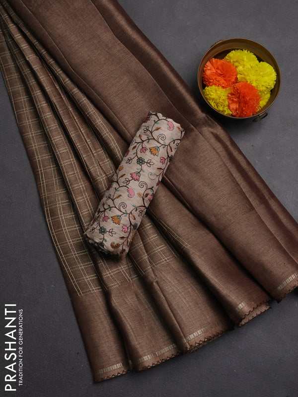 Semi tussar saree brown and beige with allover zari checked pattern and simple border