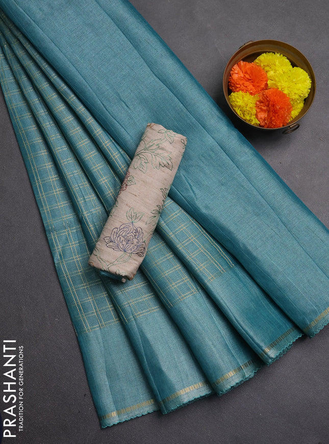 Semi tussar saree teal blue and beige with allover zari checked pattern and simple border