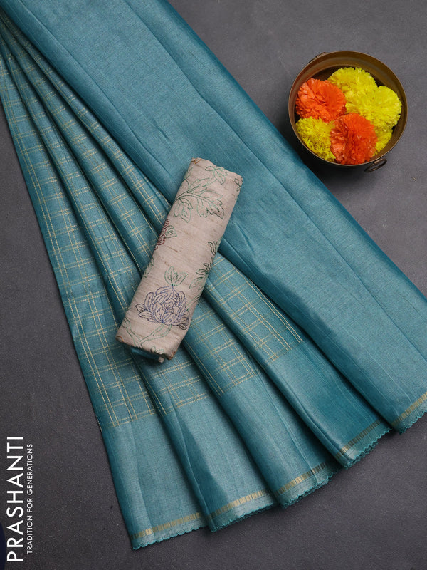Semi tussar saree teal blue and beige with allover zari checked pattern and simple border