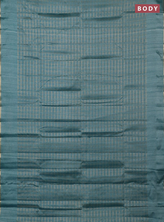 Semi tussar saree teal blue and beige with allover zari checked pattern and simple border