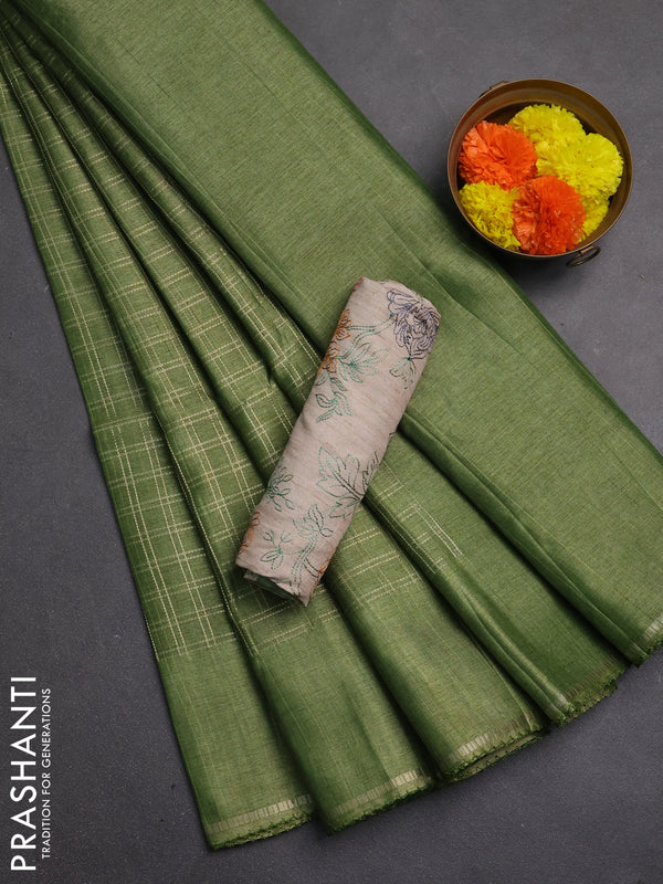 Semi tussar saree green and beige with allover zari checked pattern and simple border