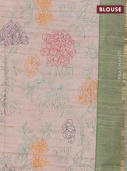 Semi tussar saree green and beige with allover zari checked pattern and simple border