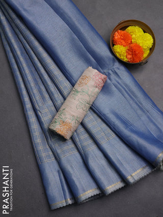 Semi tussar saree bluish grey and beige with allover zari checked pattern and simple border