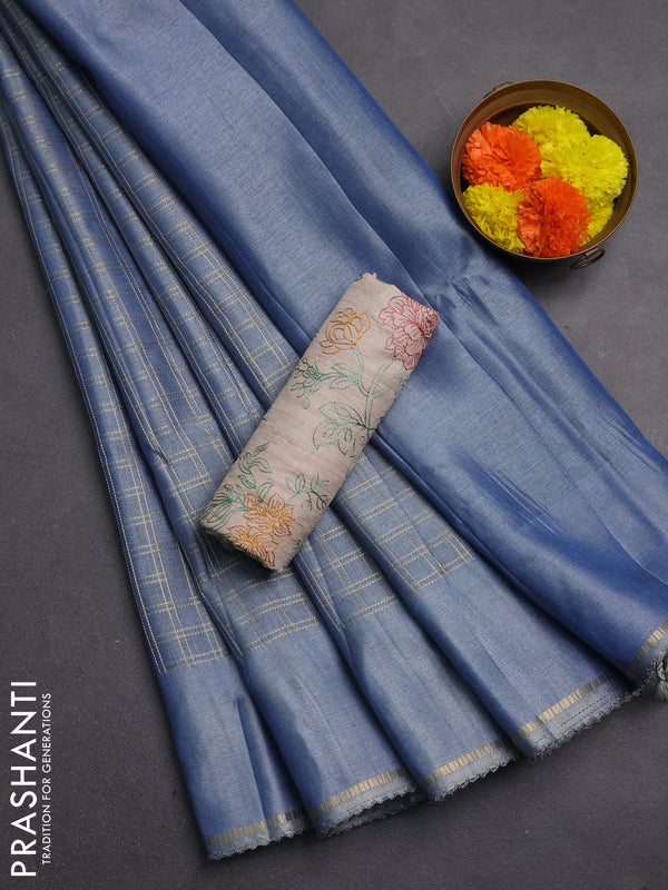 Semi tussar saree bluish grey and beige with allover zari checked pattern and simple border