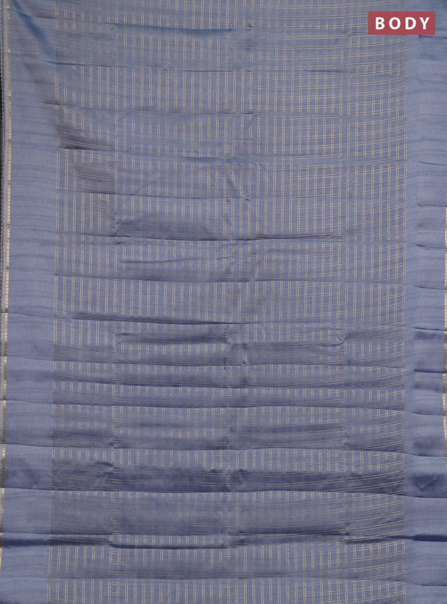 Semi tussar saree bluish grey and beige with allover zari checked pattern and simple border