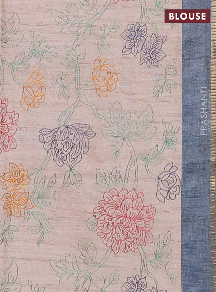 Semi tussar saree bluish grey and beige with allover zari checked pattern and simple border
