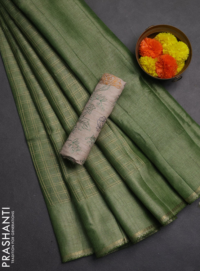 Semi tussar saree green and beige with allover zari checked pattern and simple border