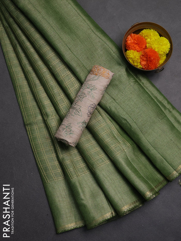 Semi tussar saree green and beige with allover zari checked pattern and simple border