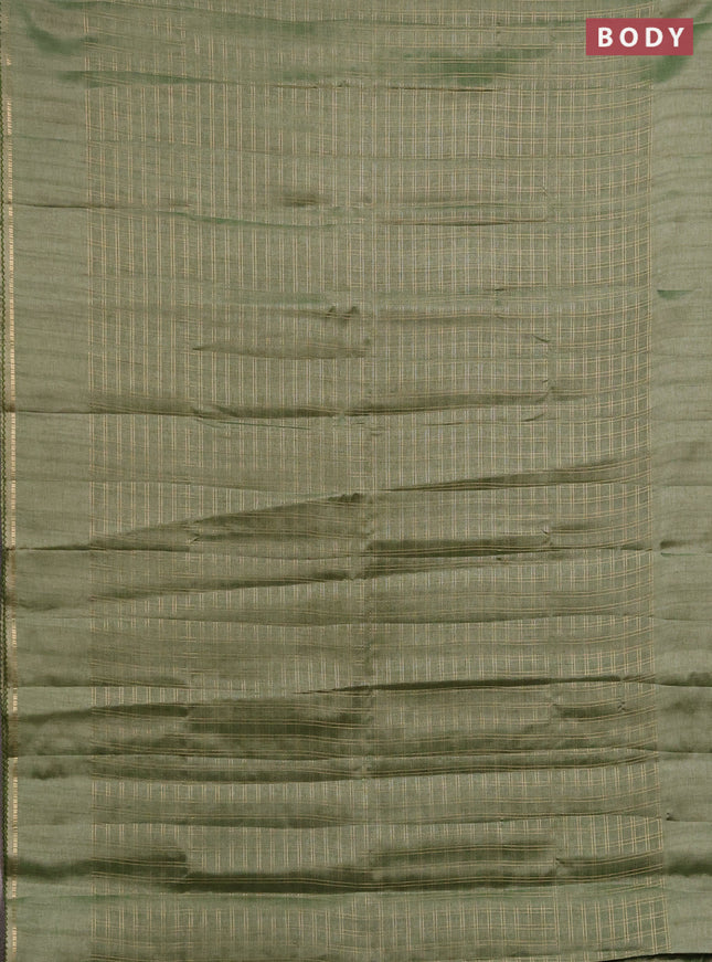 Semi tussar saree green and beige with allover zari checked pattern and simple border