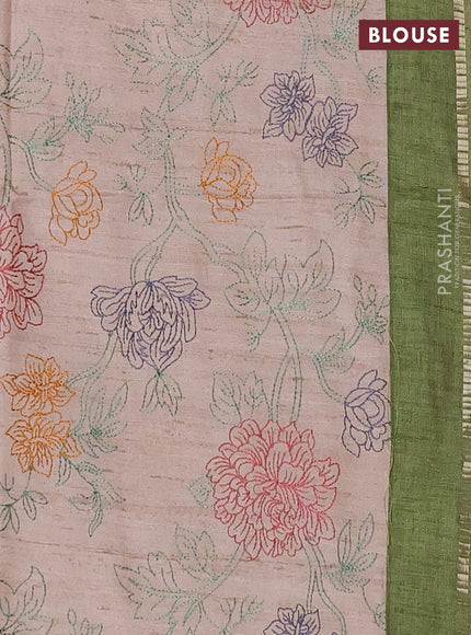 Semi tussar saree green and beige with allover zari checked pattern and simple border