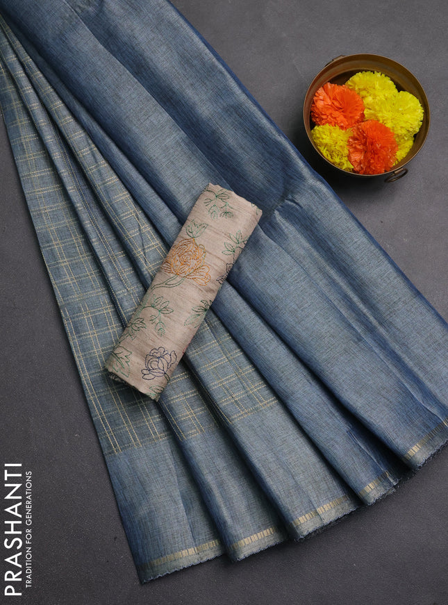 Semi tussar saree pastel blue and beige with allover zari checked pattern and simple border