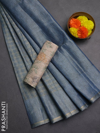 Semi tussar saree pastel blue and beige with allover zari checked pattern and simple border