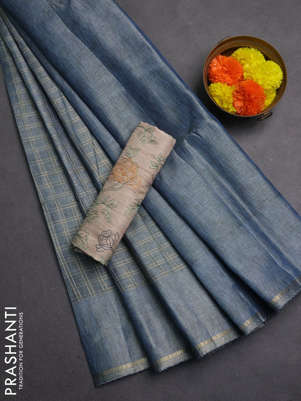 Semi tussar saree pastel blue and beige with allover zari checked pattern and simple border