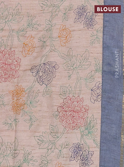 Semi tussar saree pastel blue and beige with allover zari checked pattern and simple border