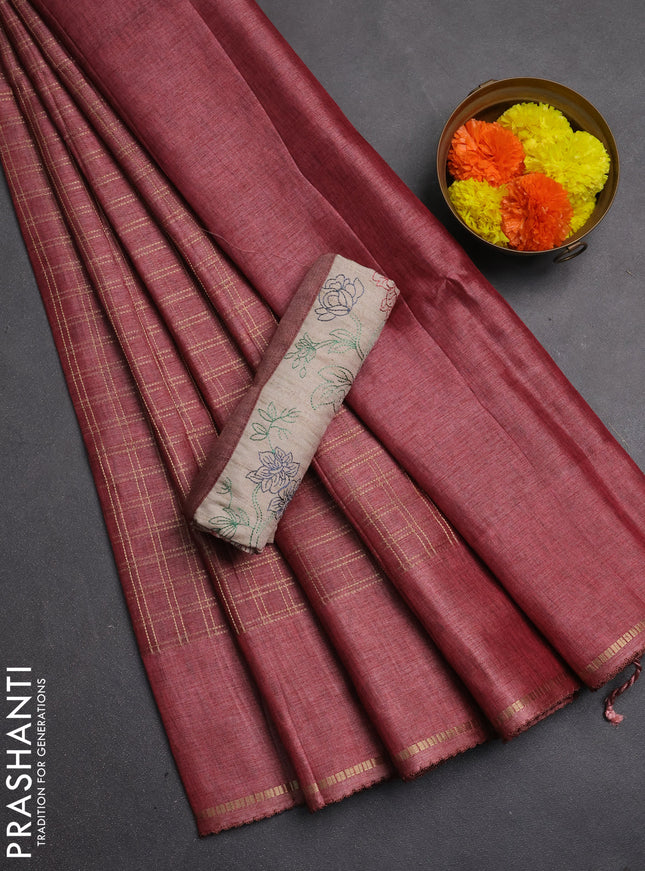 Semi tussar saree pastel maroon and beige with allover zari checked pattern and simple border