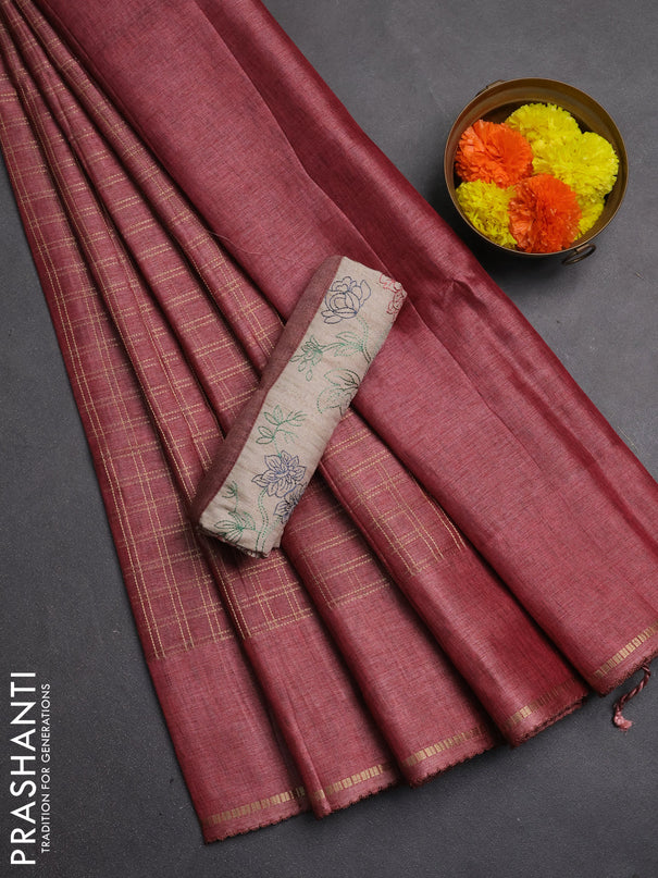 Semi tussar saree pastel maroon and beige with allover zari checked pattern and simple border
