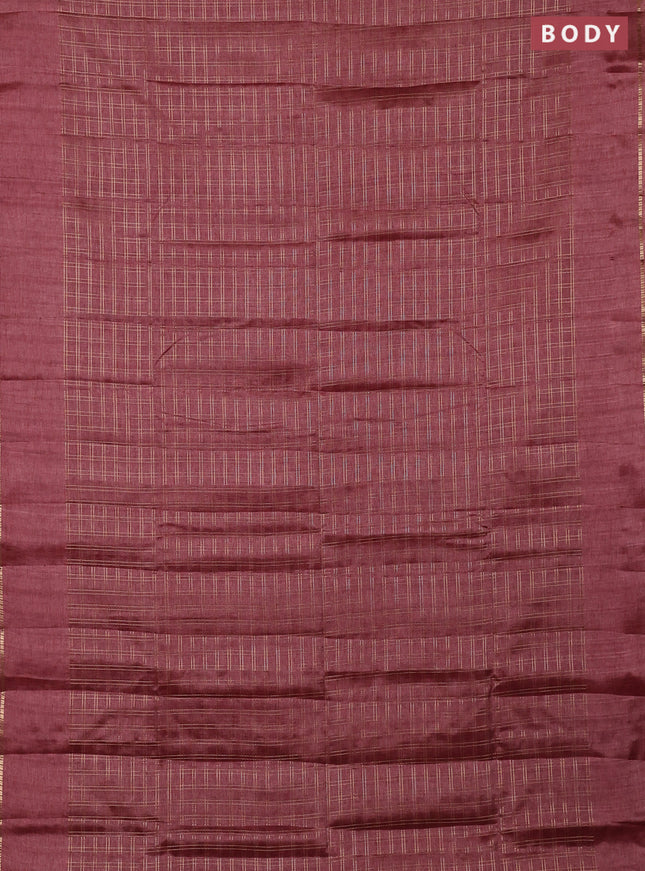Semi tussar saree pastel maroon and beige with allover zari checked pattern and simple border
