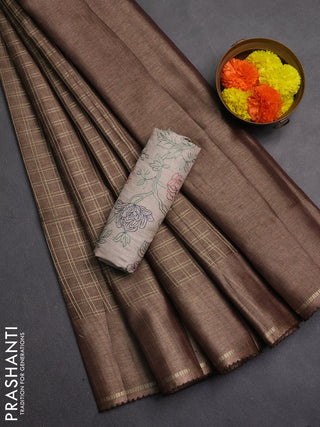 Semi tussar saree brown and beige with allover zari checked pattern and simple border