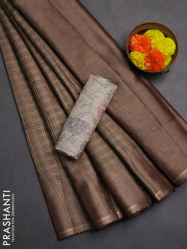 Semi tussar saree brown and beige with allover zari checked pattern and simple border