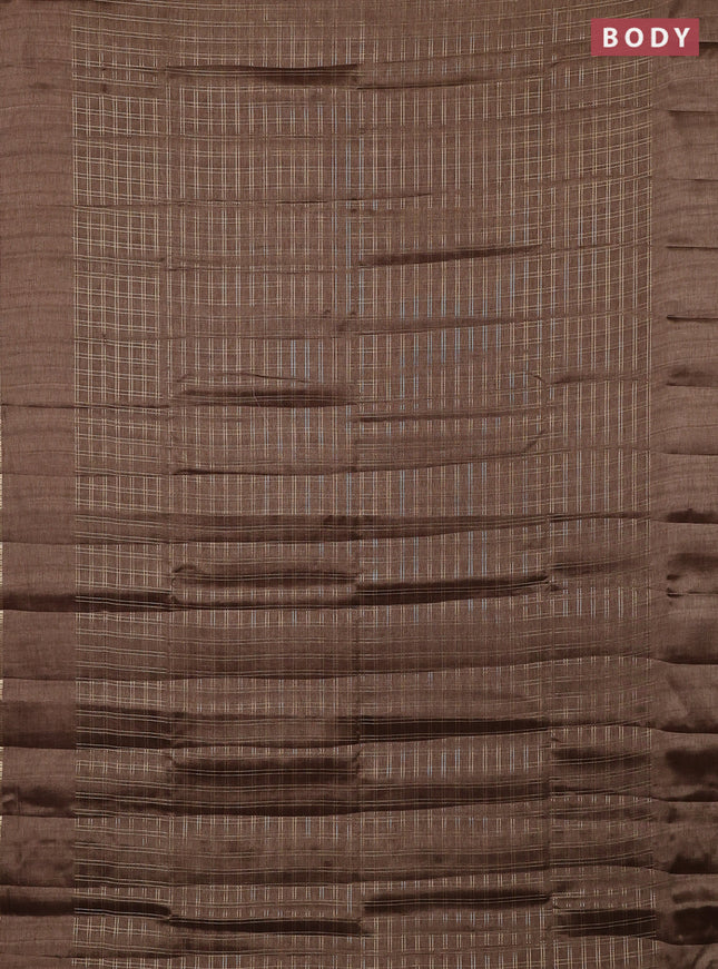 Semi tussar saree brown and beige with allover zari checked pattern and simple border