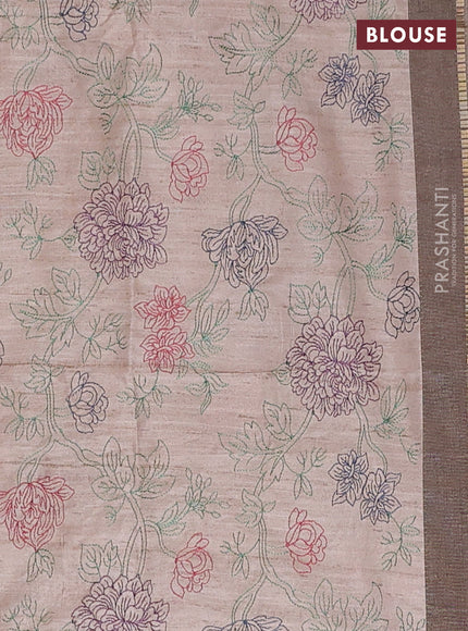 Semi tussar saree brown and beige with allover zari checked pattern and simple border