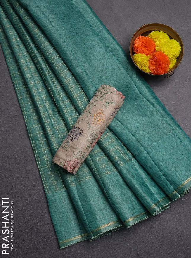 Semi tussar saree teal green and beige with allover zari checked pattern and simple border