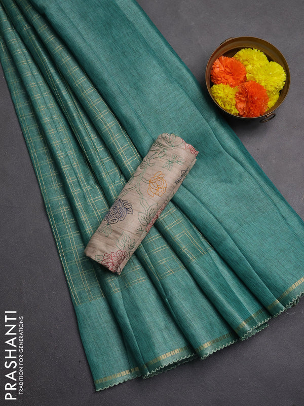 Semi tussar saree teal green and beige with allover zari checked pattern and simple border