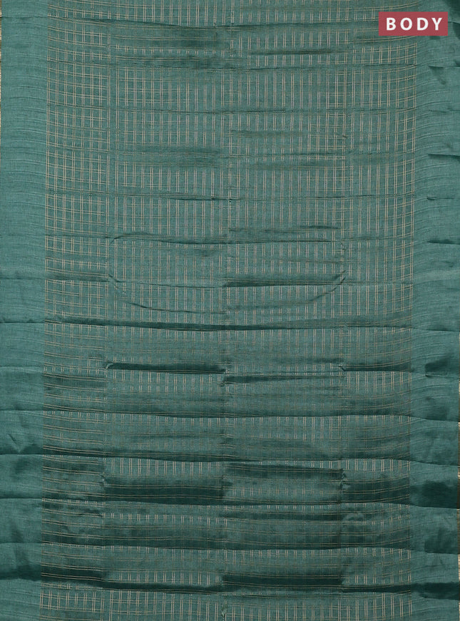 Semi tussar saree teal green and beige with allover zari checked pattern and simple border