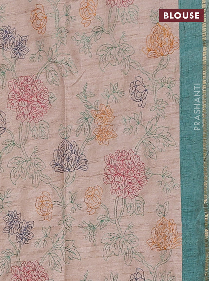 Semi tussar saree teal green and beige with allover zari checked pattern and simple border