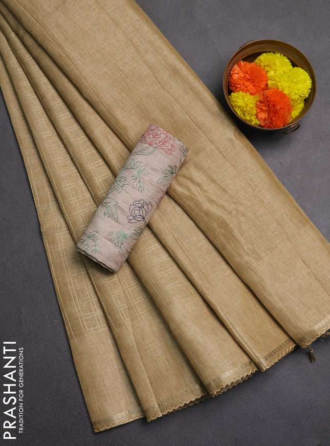 Semi tussar saree sandal and beige with allover zari checked pattern and simple border