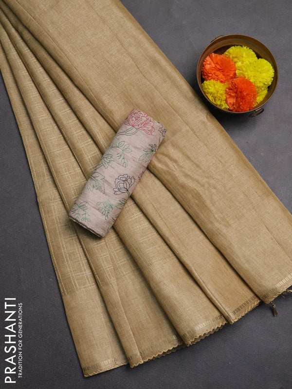 Semi tussar saree sandal and beige with allover zari checked pattern and simple border